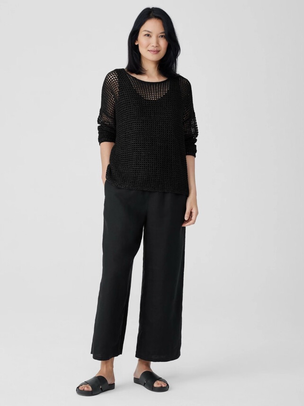 Eileen Fisher Organic Linen Black Open Knit Sweater Layered Oversized Medium
